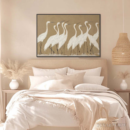 BUYARTVIEW Coastal Congregation – Textured Wabi Sabi Egret Painting on Neutral Canvas - image 4