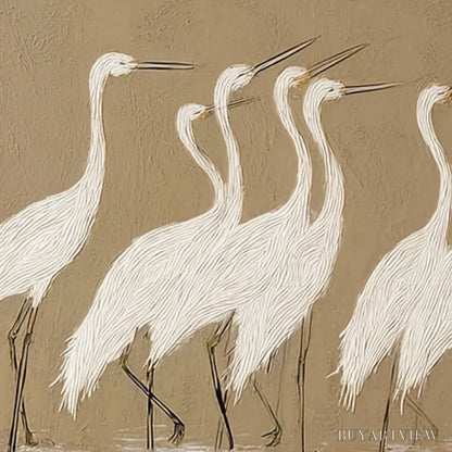 BUYARTVIEW Coastal Congregation – Textured Wabi Sabi Egret Painting on Neutral Canvas - image 5