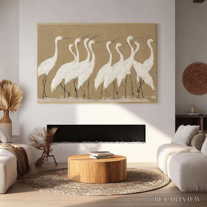 BUYARTVIEW Coastal Congregation – Textured Wabi Sabi Egret Painting on Neutral Canvas - image 6
