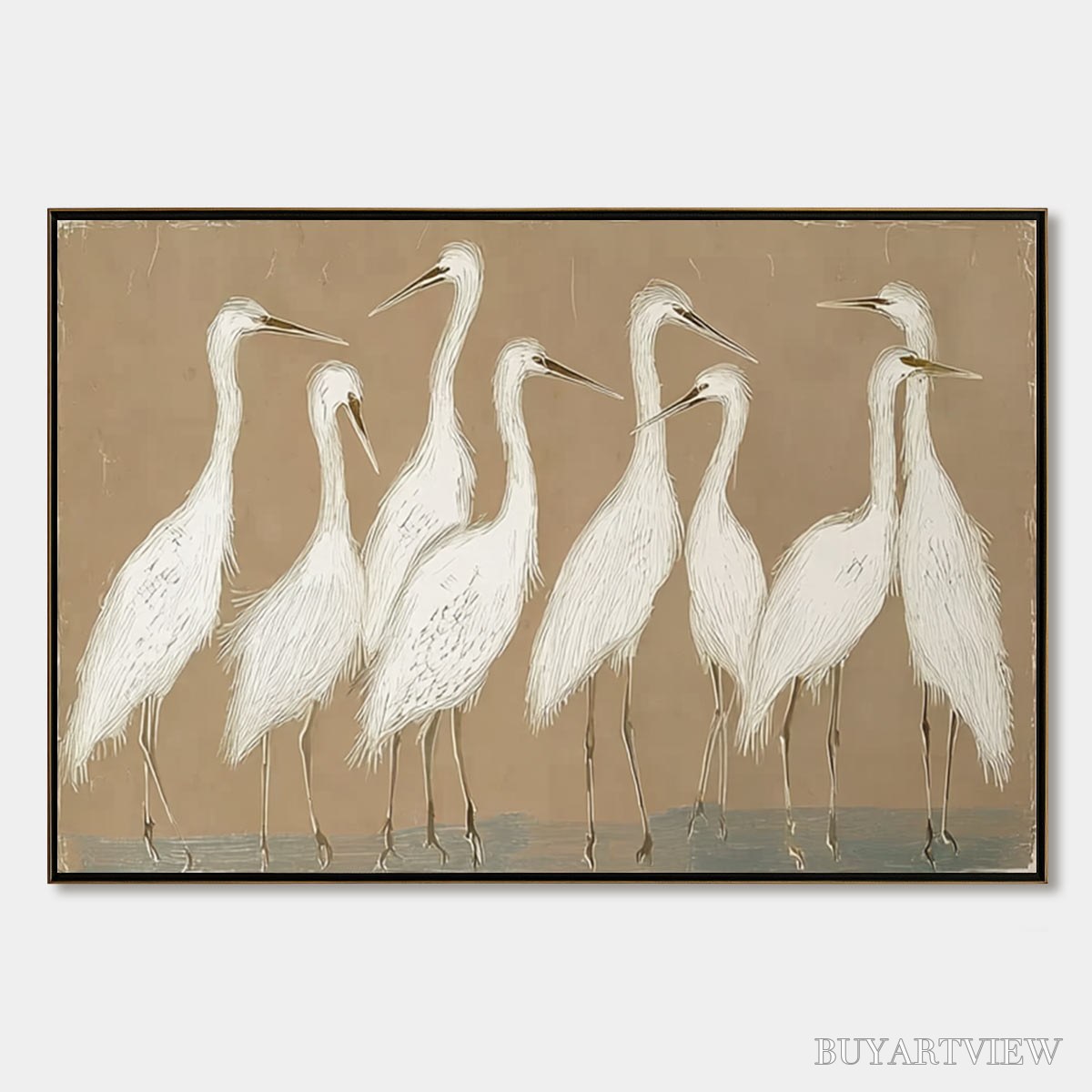 BUYARTVIEW the Gathering – Beige Wabi Sabi Egret Flock Oil Painting on Canvas - image 1