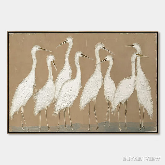 BUYARTVIEW the Gathering – Beige Wabi Sabi Egret Flock Oil Painting on Canvas - image 1