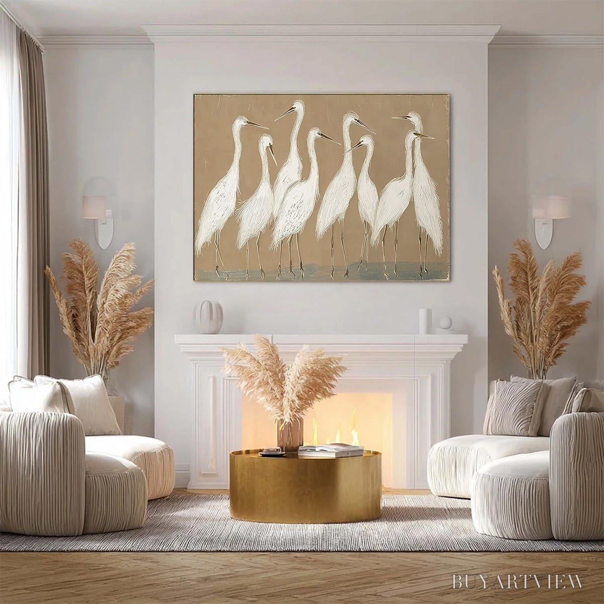 BUYARTVIEW the Gathering – Beige Wabi Sabi Egret Flock Oil Painting on Canvas - image 2