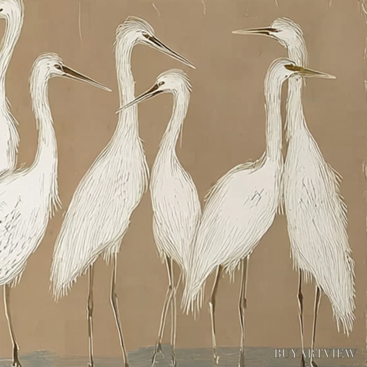 BUYARTVIEW the Gathering – Beige Wabi Sabi Egret Flock Oil Painting on Canvas - image 3