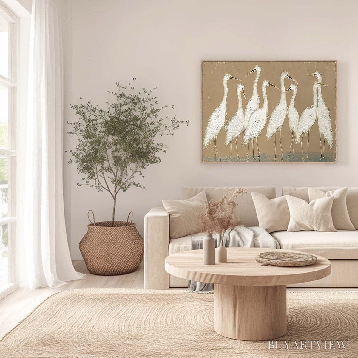 BUYARTVIEW the Gathering – Beige Wabi Sabi Egret Flock Oil Painting on Canvas - image 4