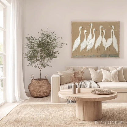 BUYARTVIEW the Gathering – Beige Wabi Sabi Egret Flock Oil Painting on Canvas - image 4