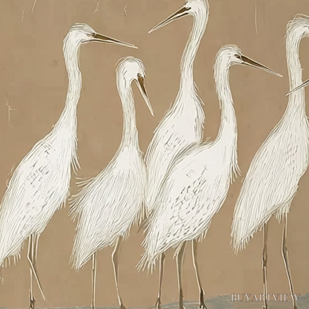 BUYARTVIEW the Gathering – Beige Wabi Sabi Egret Flock Oil Painting on Canvas - image 5