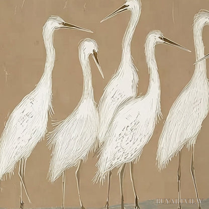 BUYARTVIEW the Gathering – Beige Wabi Sabi Egret Flock Oil Painting on Canvas - image 5
