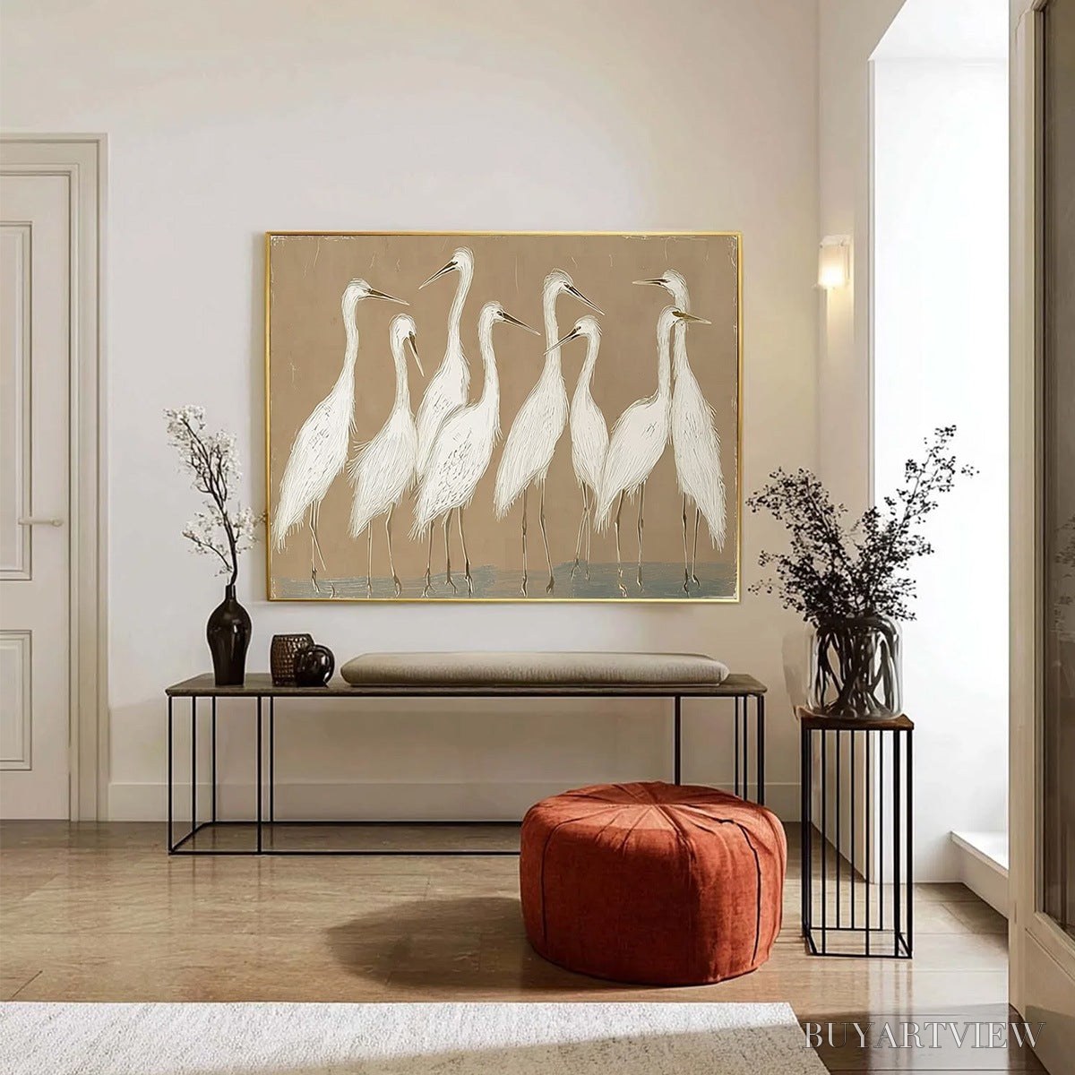 BUYARTVIEW the Gathering – Beige Wabi Sabi Egret Flock Oil Painting on Canvas - image 6