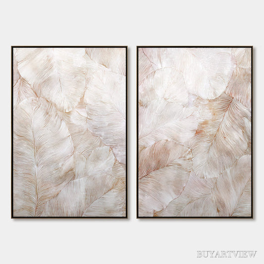 BUYARTVIEW Whispering Plumes – Textured Wabi Sabi Feather Painting Diptych - image 1