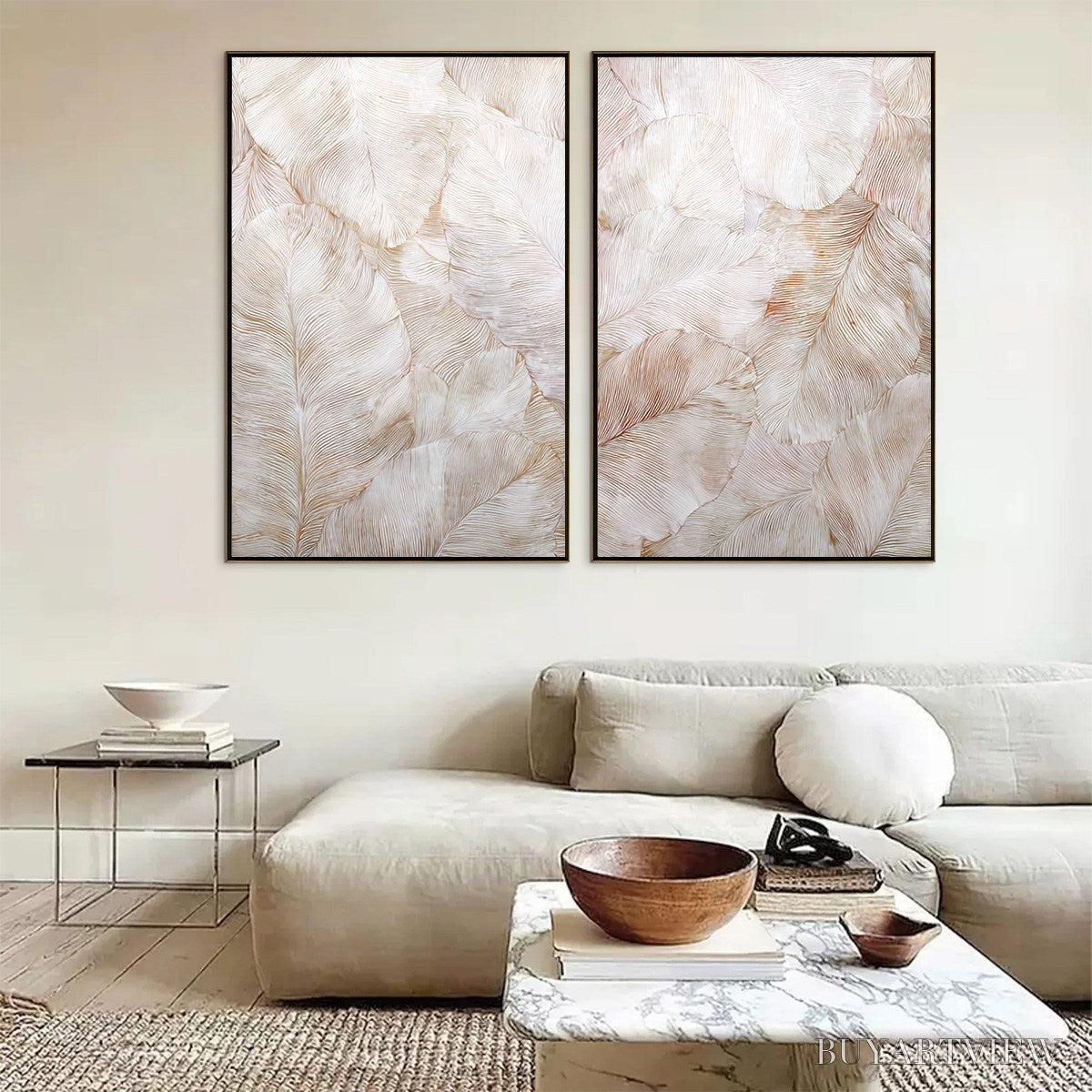 BUYARTVIEW Whispering Plumes – Textured Wabi Sabi Feather Painting Diptych - image 3