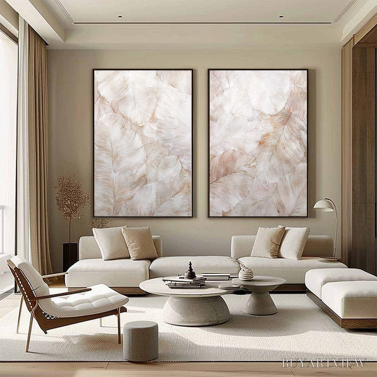 BUYARTVIEW Whispering Plumes – Textured Wabi Sabi Feather Painting Diptych - image 4