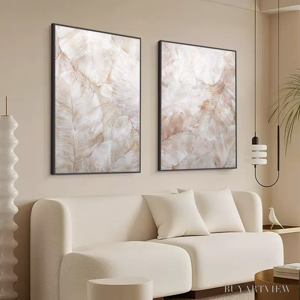BUYARTVIEW Whispering Plumes – Textured Wabi Sabi Feather Painting Diptych - image 5