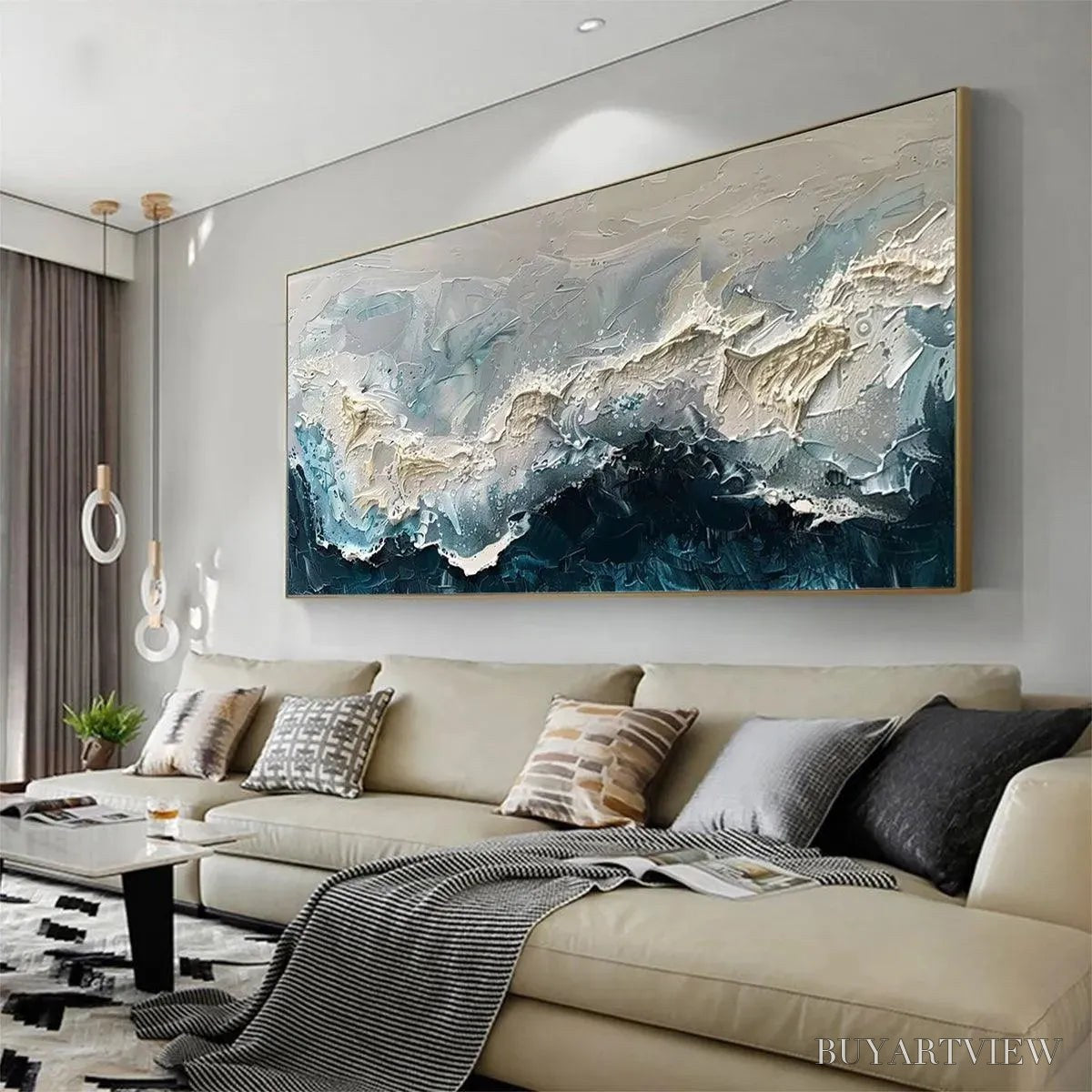BUYARTVIEW Frozen Motion – Textured Abstract Waterscape Painting in Teal and White - image 4