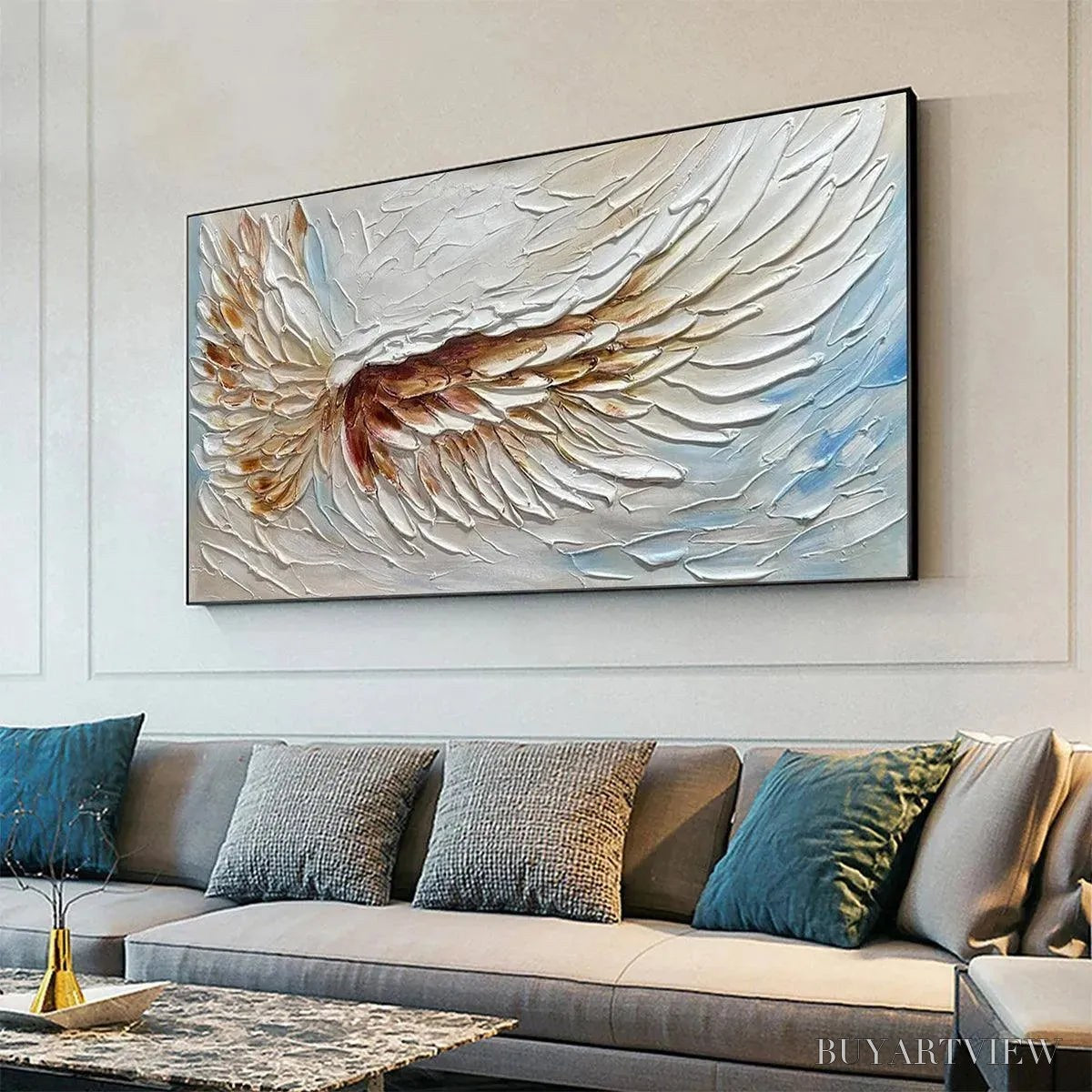 BUYARTVIEW Angel Wings – Textured White and Gold Angel Wing Painting - image 5
