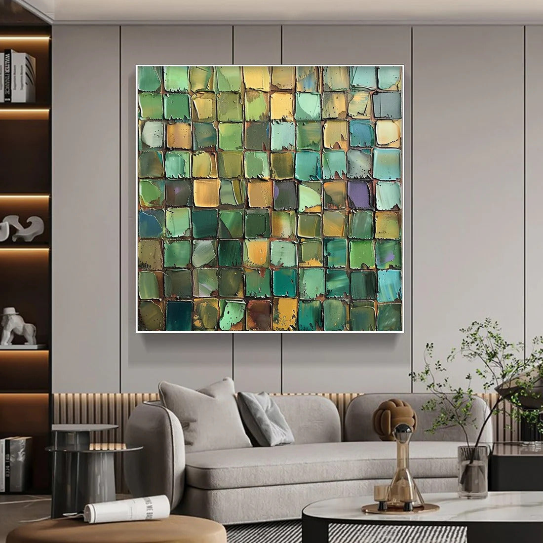 EMERALD MOSAIC: Textured Abstract Green and Gold Oil Painting