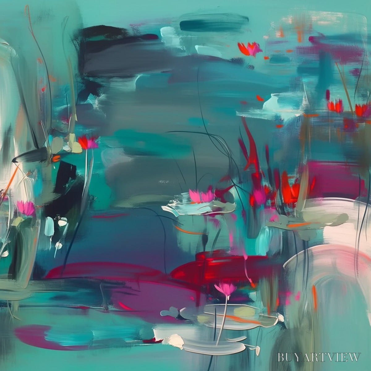 BUYARTVIEW Aquatic Reverie – Vibrant Abstract Water Lily Pond Painting - image 5