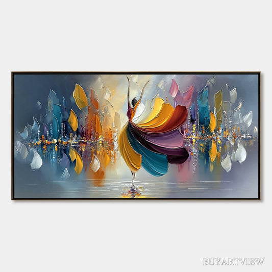 BUYARTVIEW Urban Rhapsody – Textured Palette Knife Painting of a Dancer in a Cityscape - image 1