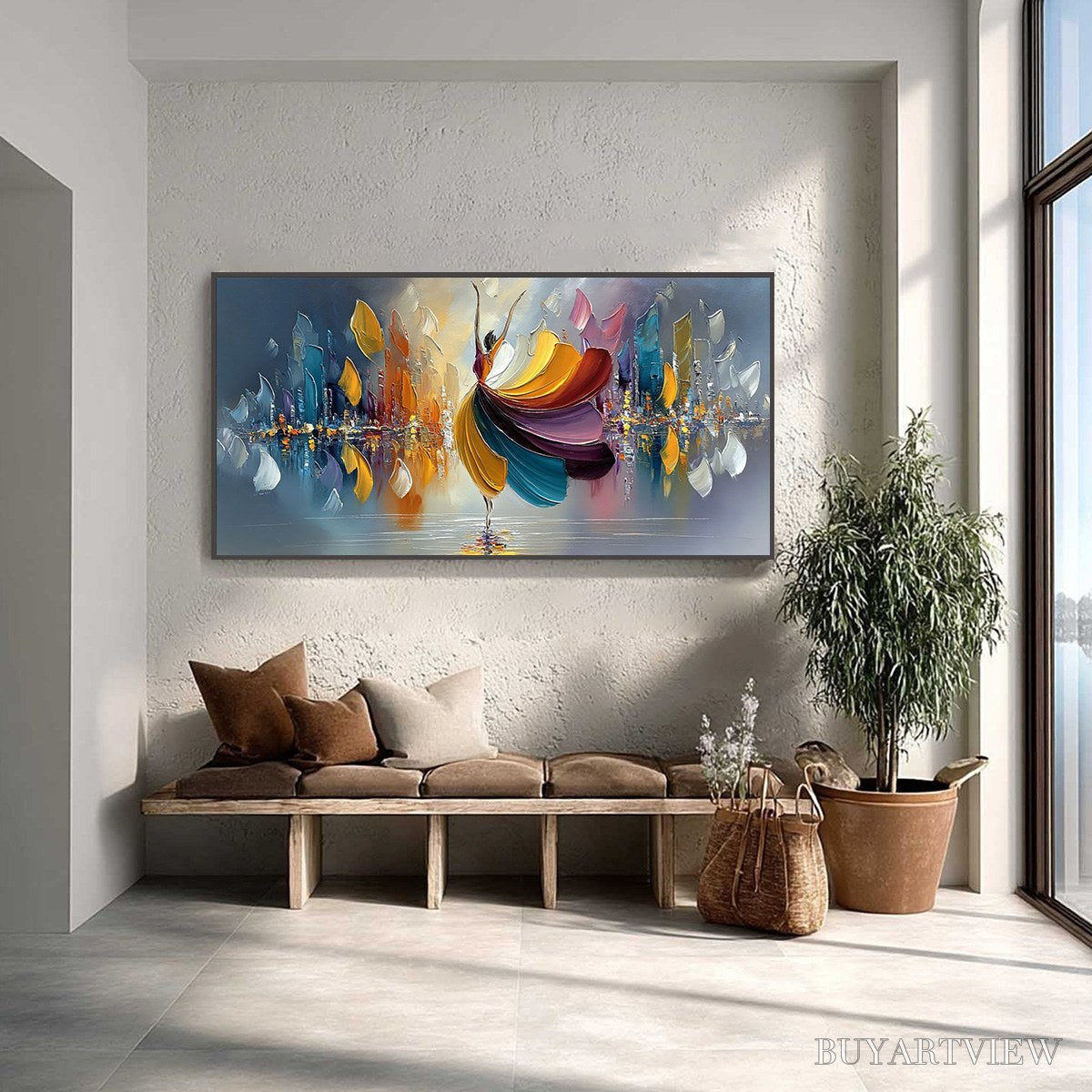 BUYARTVIEW Urban Rhapsody – Textured Palette Knife Painting of a Dancer in a Cityscape - image 2