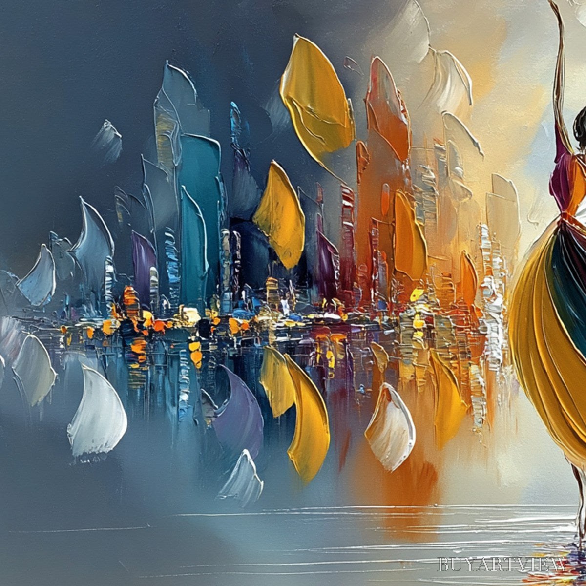 BUYARTVIEW Urban Rhapsody – Textured Palette Knife Painting of a Dancer in a Cityscape - image 3