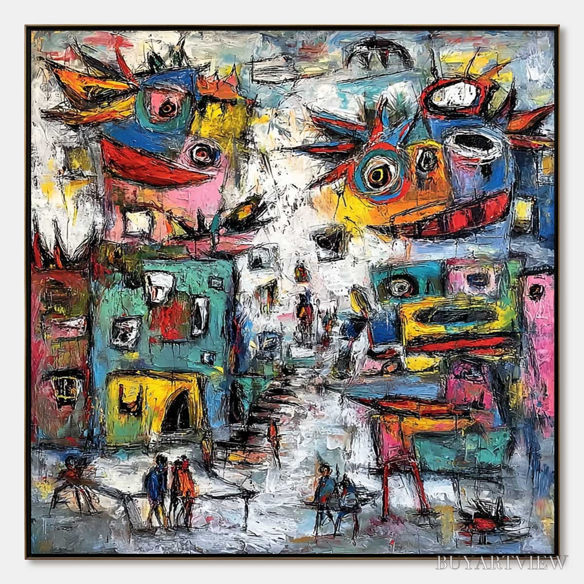 BUYARTVIEW Urban Fantasia – Vibrant and Textured Abstract Cityscape Painting - image 1