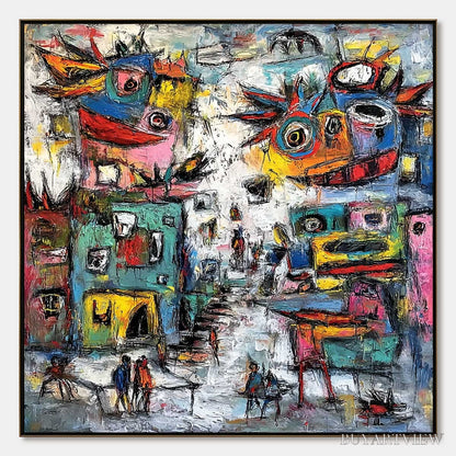 BUYARTVIEW Urban Fantasia – Vibrant and Textured Abstract Cityscape Painting - image 1