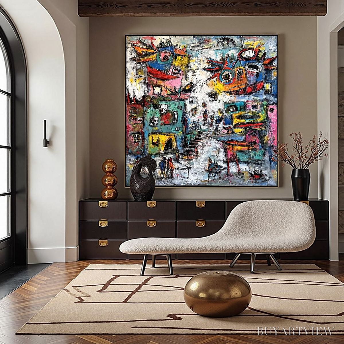 BUYARTVIEW Urban Fantasia – Vibrant and Textured Abstract Cityscape Painting - image 2
