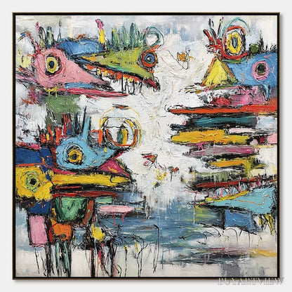 BUYARTVIEW Creature Carnival – Colorful Abstract Impasto Painting with Whimsical Figures - image 1