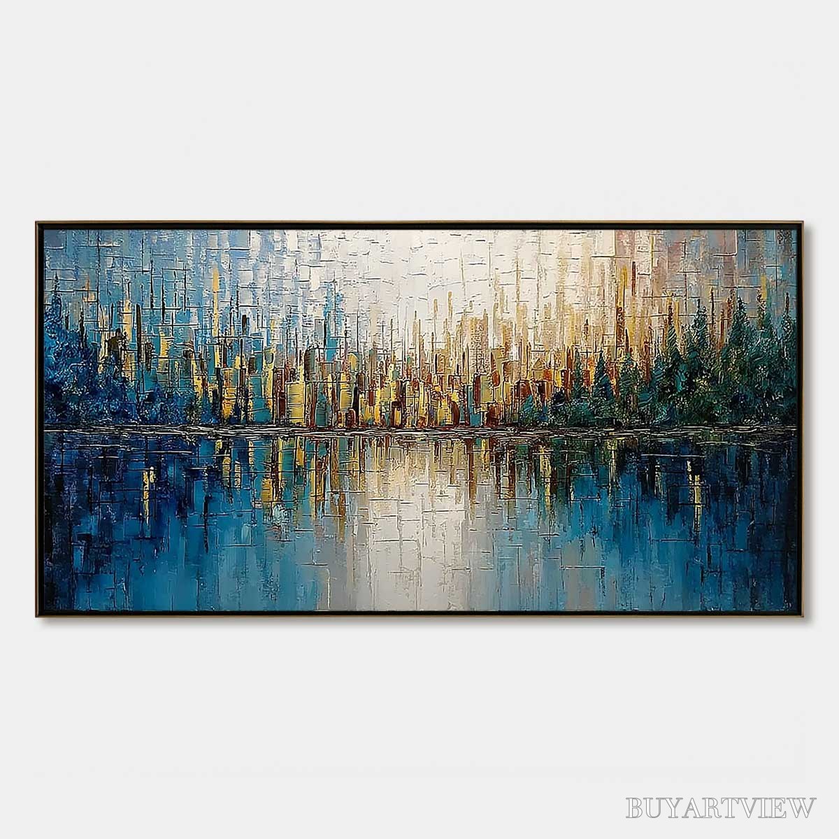 BUYARTVIEW Golden Horizon – Textured Abstract Cityscape Reflection Oil Painting - image 1