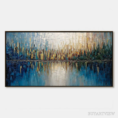 BUYARTVIEW Golden Horizon – Textured Abstract Cityscape Reflection Oil Painting - image 1