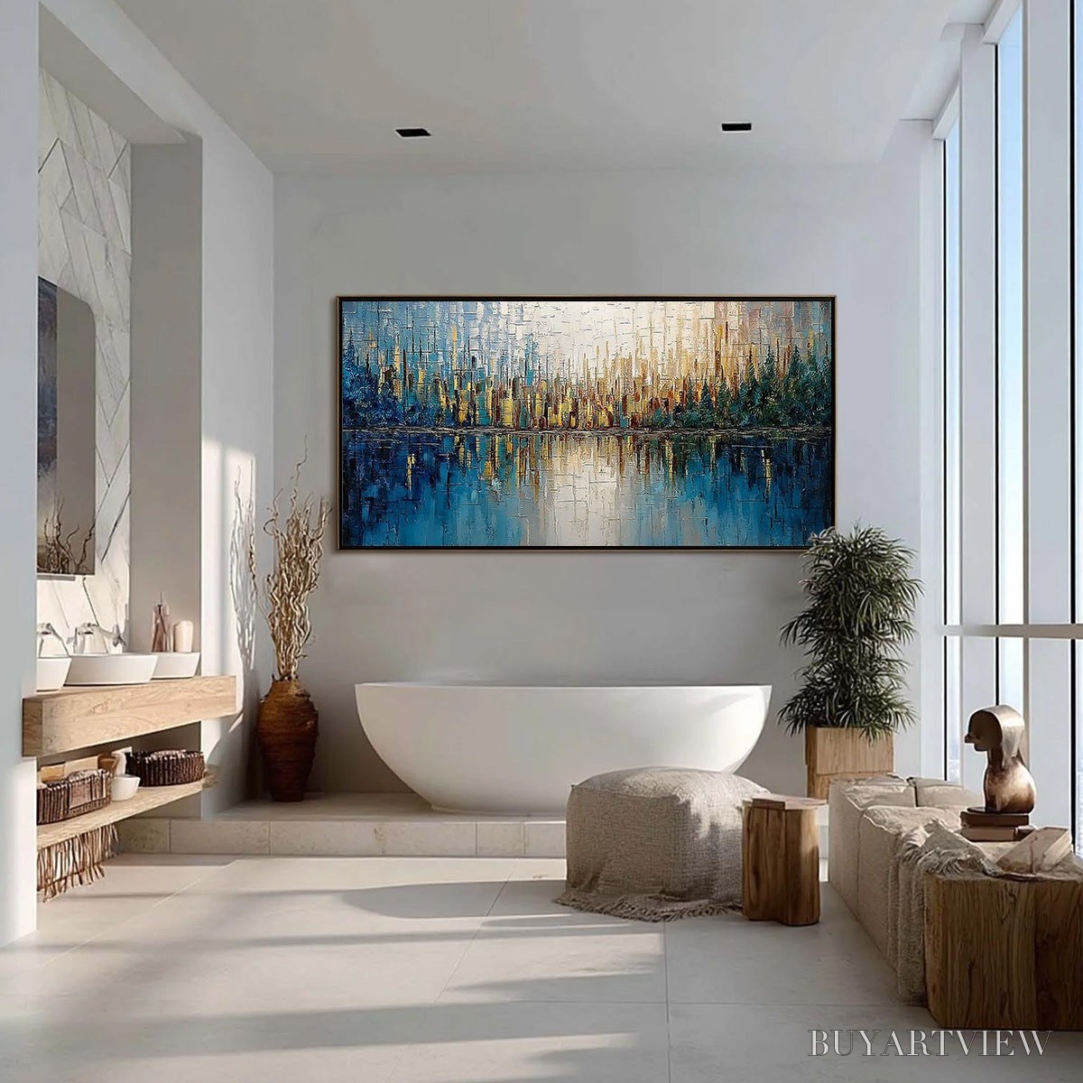 BUYARTVIEW Golden Horizon – Textured Abstract Cityscape Reflection Oil Painting - image 4