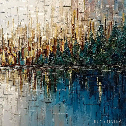 BUYARTVIEW Golden Horizon – Textured Abstract Cityscape Reflection Oil Painting - image 5