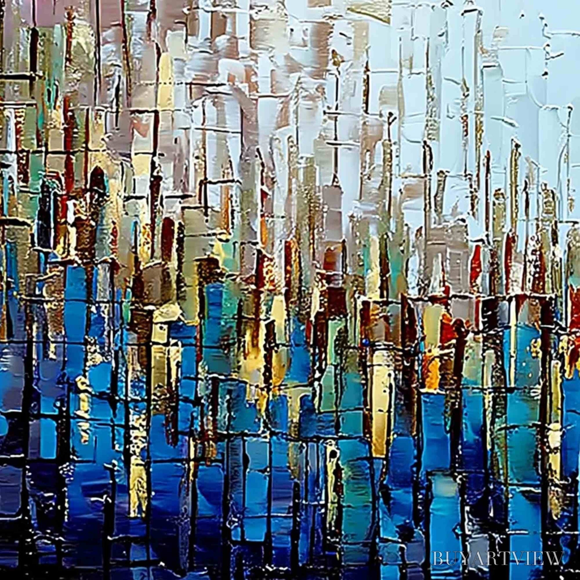 BUYARTVIEW Urban Twilight – Heavily Textured Abstract Cityscape Oil Painting - image 3