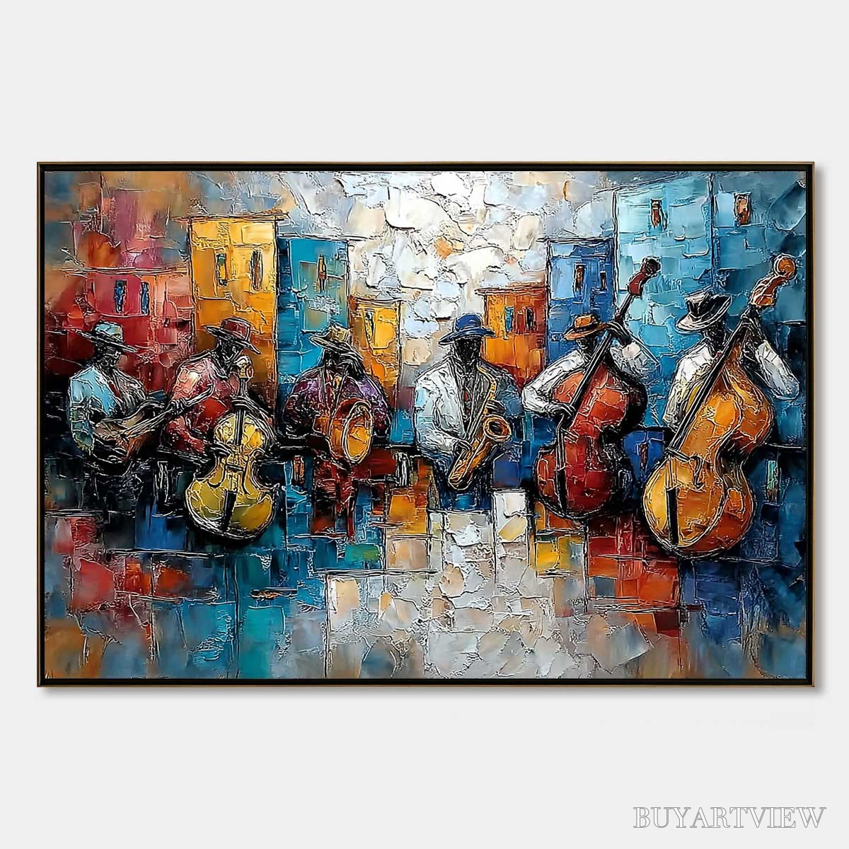 BUYARTVIEW Urban Melody – Textured Impasto Painting of a Jazz Band Street Performance - image 1