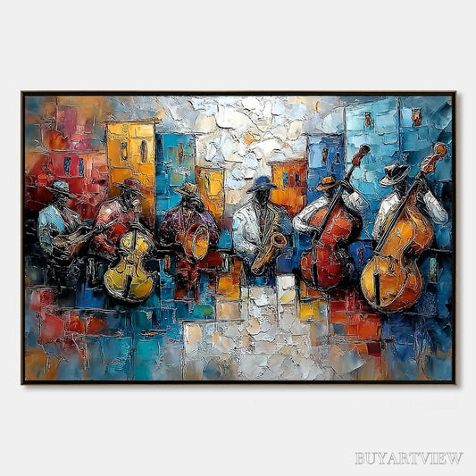 BUYARTVIEW Urban Melody – Textured Impasto Painting of a Jazz Band Street Performance - image 1
