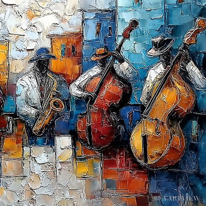 BUYARTVIEW Urban Melody – Textured Impasto Painting of a Jazz Band Street Performance - image 3