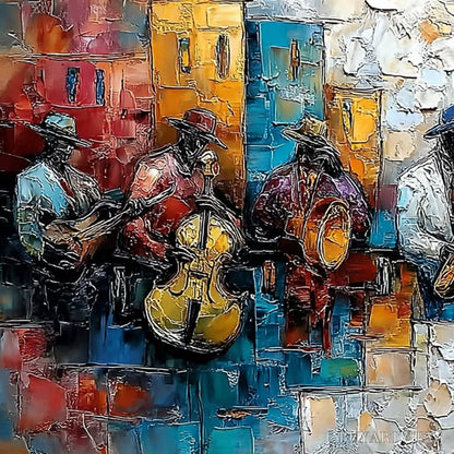 BUYARTVIEW Urban Melody – Textured Impasto Painting of a Jazz Band Street Performance - image 5