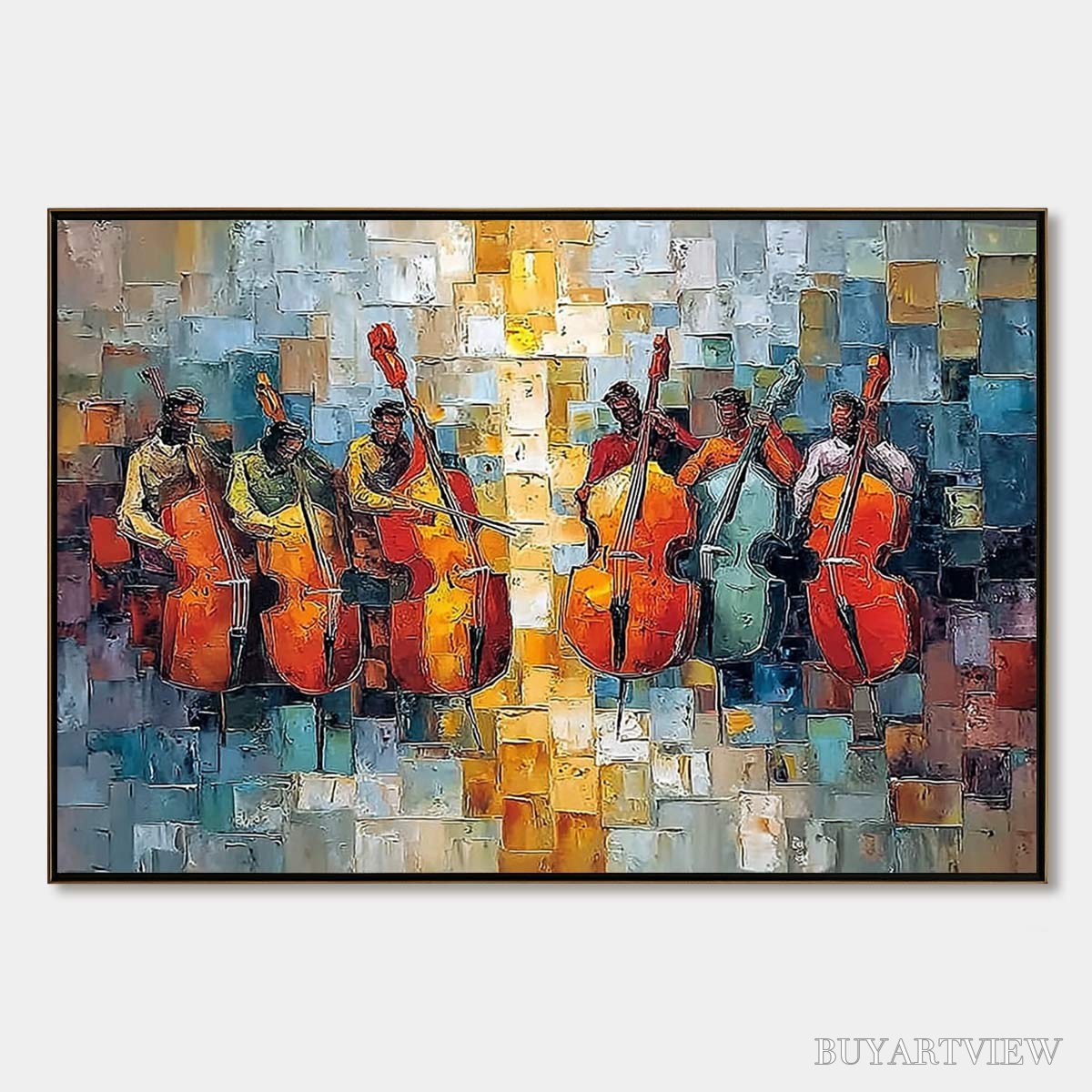 BUYARTVIEW Rhythm in Hue – Textured Palette Knife Painting of a Cello Ensemble - image 1