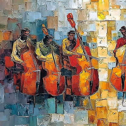BUYARTVIEW Rhythm in Hue – Textured Palette Knife Painting of a Cello Ensemble - image 3