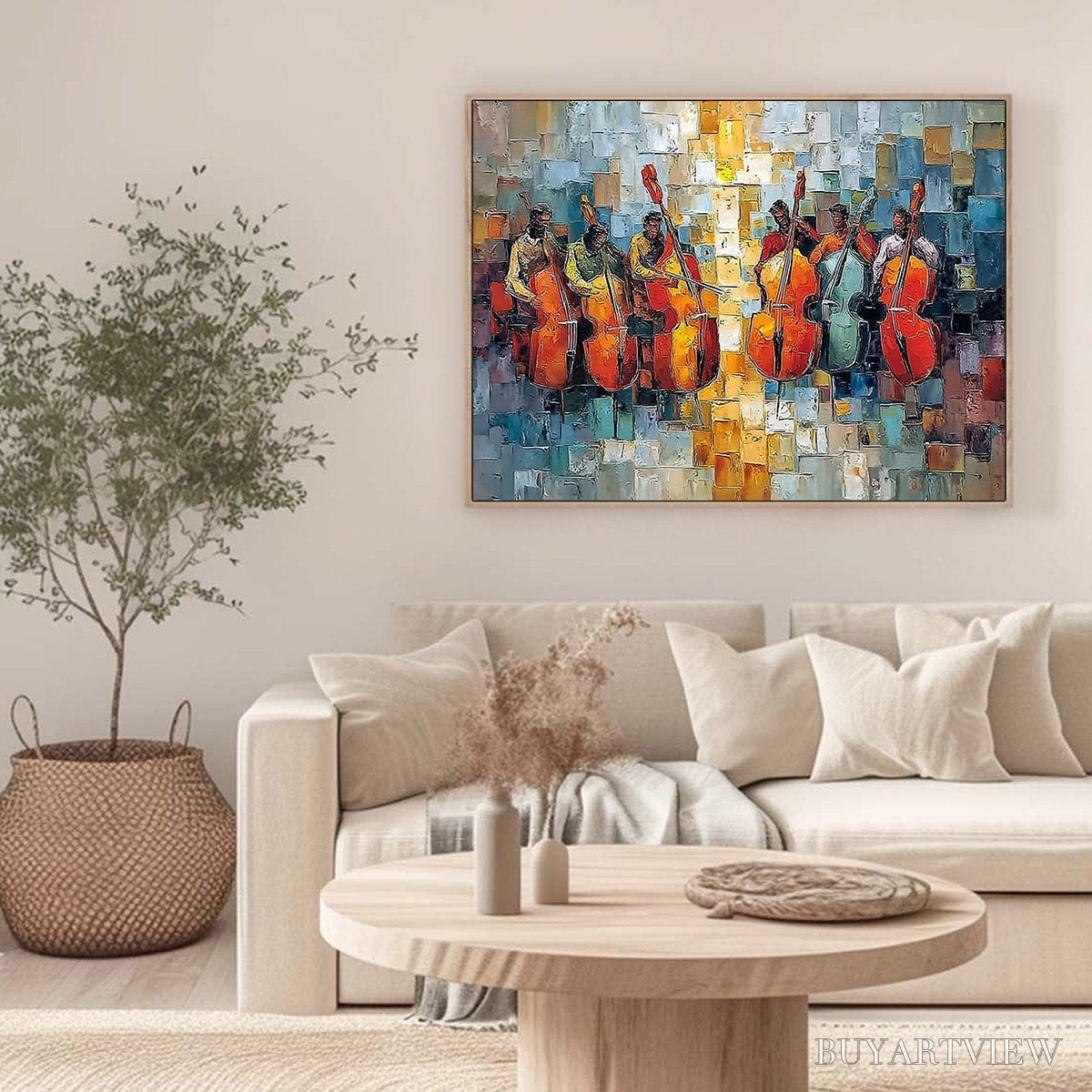 BUYARTVIEW Rhythm in Hue – Textured Palette Knife Painting of a Cello Ensemble - image 4