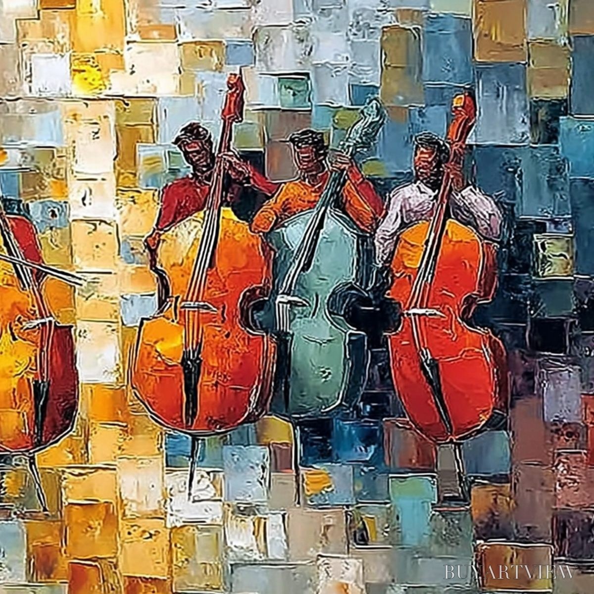BUYARTVIEW Rhythm in Hue – Textured Palette Knife Painting of a Cello Ensemble - image 5