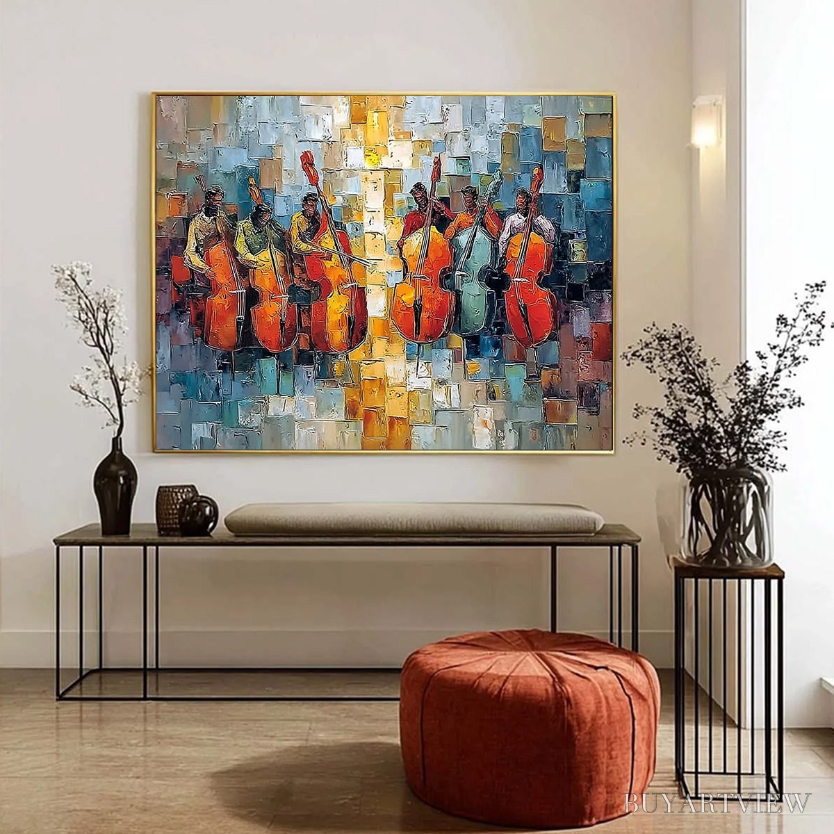 BUYARTVIEW Rhythm in Hue – Textured Palette Knife Painting of a Cello Ensemble - image 6