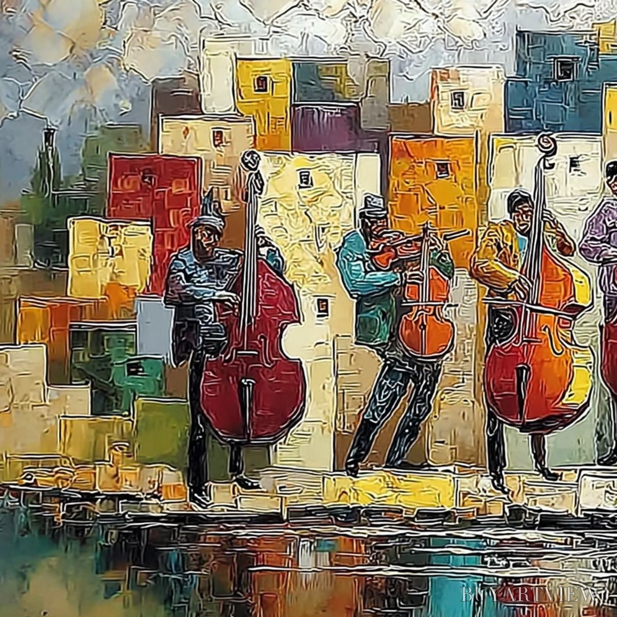 BUYARTVIEW Urban Serenade – Colorful Textured Impasto Painting of Musicians - image 3