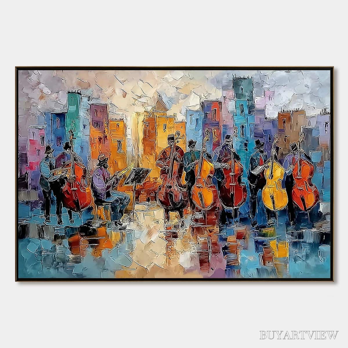 BUYARTVIEW Urban Serenade – Textured Palette Knife Painting of City Musicians - image 1