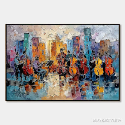 BUYARTVIEW Urban Serenade – Textured Palette Knife Painting of City Musicians - image 1