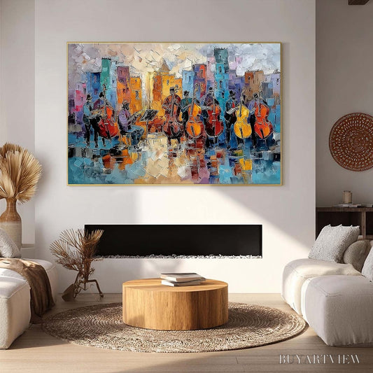 BUYARTVIEW Urban Serenade – Textured Palette Knife Painting of City Musicians - image 2