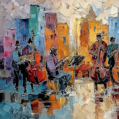 BUYARTVIEW Urban Serenade – Textured Palette Knife Painting of City Musicians - image 3
