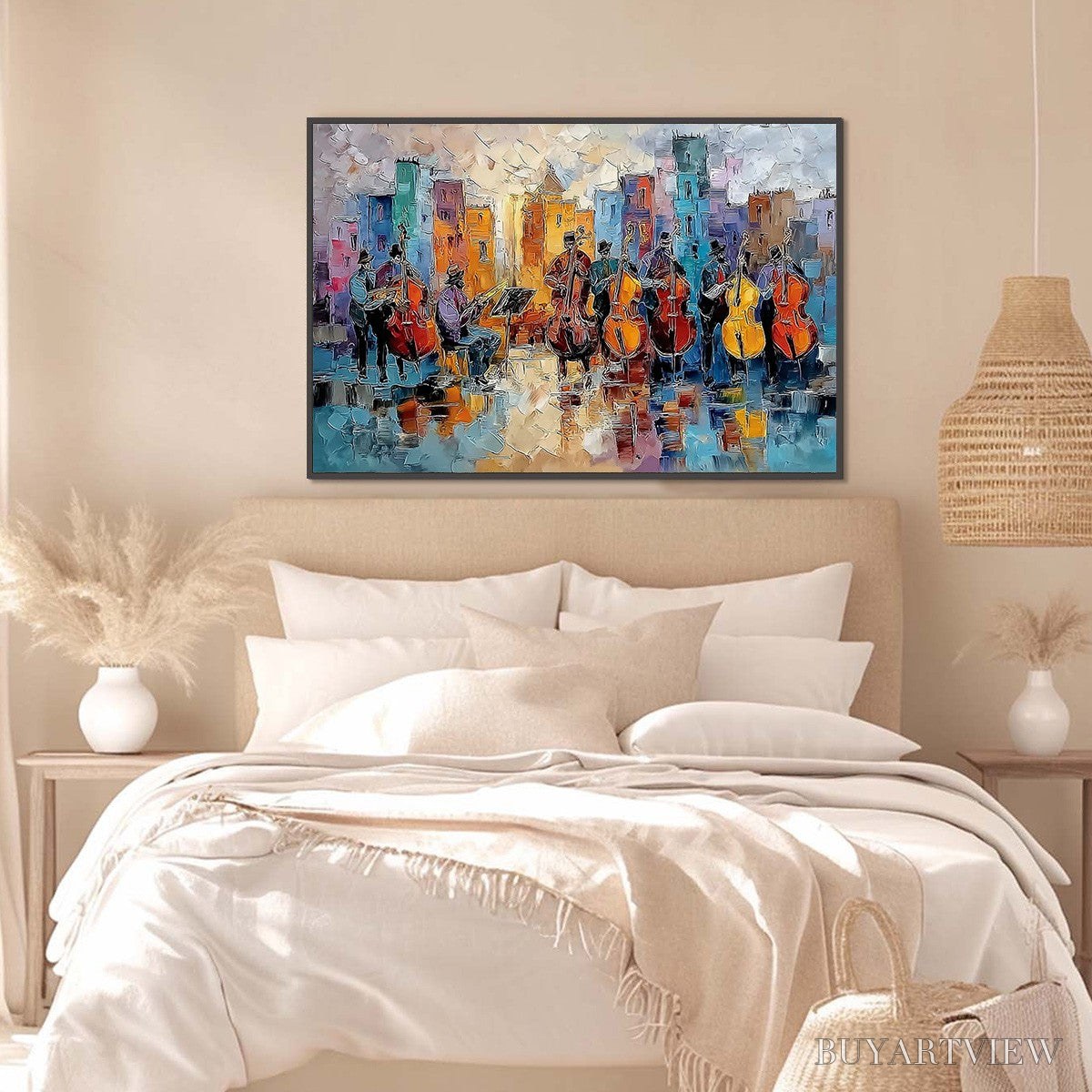 BUYARTVIEW Urban Serenade – Textured Palette Knife Painting of City Musicians - image 4
