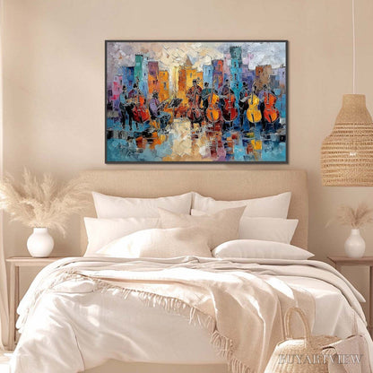 BUYARTVIEW Urban Serenade – Textured Palette Knife Painting of City Musicians - image 4