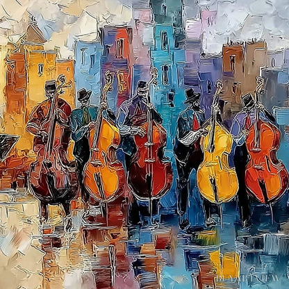 BUYARTVIEW Urban Serenade – Textured Palette Knife Painting of City Musicians - image 5