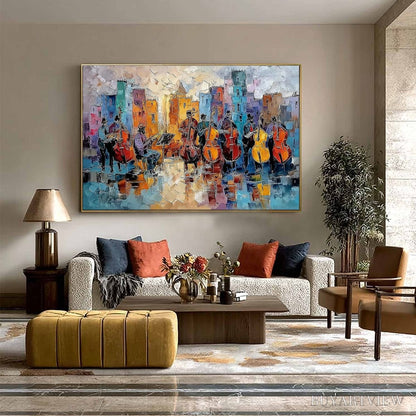 BUYARTVIEW Urban Serenade – Textured Palette Knife Painting of City Musicians - image 6